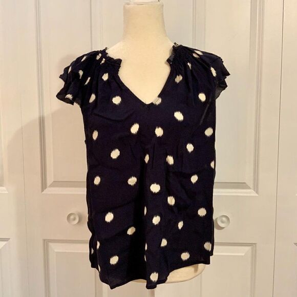 A New Day Navy Blue Circle Print Flutter Short Sleeve Rayon V Neck Top Small New - Picture 2 of 9